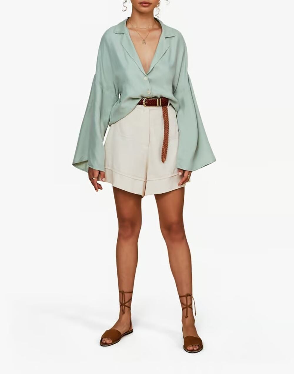 Anthropologie Sancia Annika Top Celadon Green Blouse Silky Shirt Flare Sleeve XS